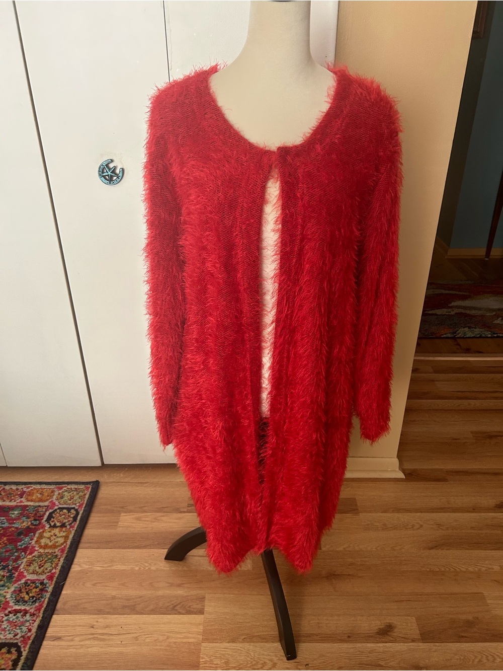 Plush Open-Front Red Fuzzy Women's Cardigan